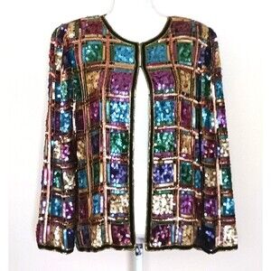 VTG Laurence Kazar Silk Sequin Cocktail Jacket Multicolor Jeweltone Squares M/ L
